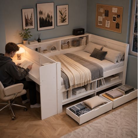 Funktionsbett 120/200 cm Weiß mit Schreibtisch, Schrank und Schubladen (1/5)