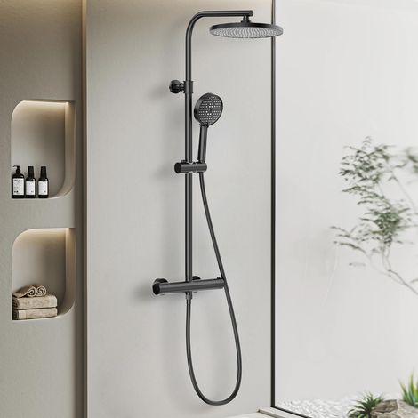 Ensemble de douche réglable avec pommeau de douche rond de 25 cm et pulvérisateur à main – Mélangeur thermostatique, noir mat, tuyau en acier inoxydable anti-fuite, installation facile (1/5)