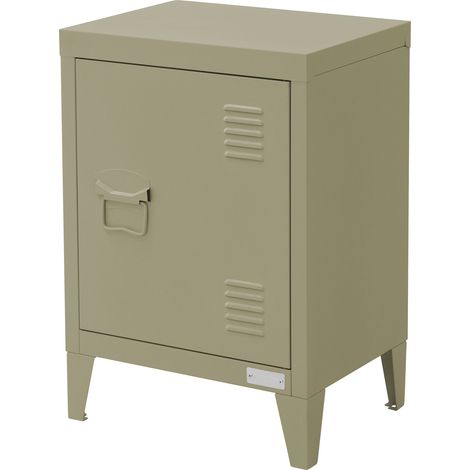 ML-Design Mesita de Noche de Metal Oliva 40x30x58 cm Armario Metálico de Diseño Industrial, Mesilla Auxiliar de Acero para Dormitorio o Salón con Puerta de Cierre Magnético Tirador a la Izquierda