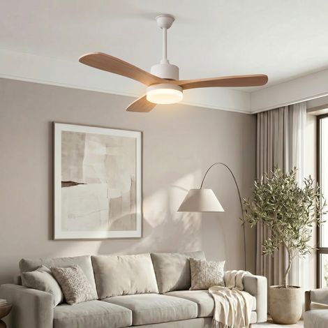 Ventilatore da soffitto con luce 106,6 cm - 3 pale in legno naturale stile scandinavo - motore cc silenzioso con telecomando - bianco (1/5)