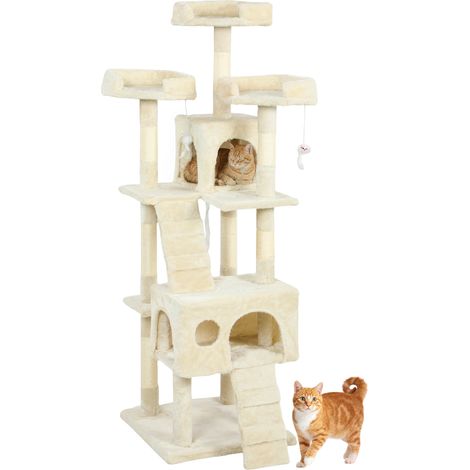 PawHut árbol rascador para gatos, árbol para gatos 153 cm, torre escalador con 2 cuevas, 3 camas, 2 rampas, postes de sisal, ratones colgantes, crema