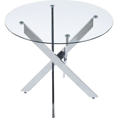 Tavolo da pranzo rotondo in vetro temperato con gambe metalliche incrociate, 80x80x75 cm (1/5)