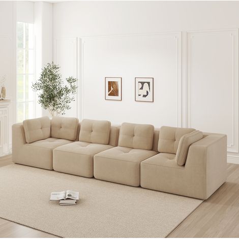 REDOM - Canapé d’angle modulaire 4 places, sans montage, assise profonde, coussins doux, velours côtelé beige (1/5)
