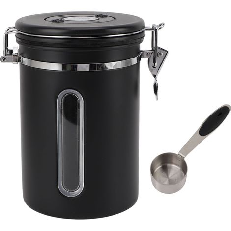Récipient à café 1800 ml en inox 304 avec hublot et valve unidirectionnelle, cuillère fournie, boîte étanche pour grains, noir mat (1/5)