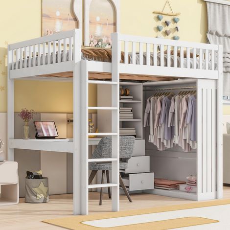 Lit mezzanine, 140x200cm, bureau, armoire, 3 tiroirs, rangements ouverts, rambarde, escalier, sans matelas, blanc, garantie 2 ans