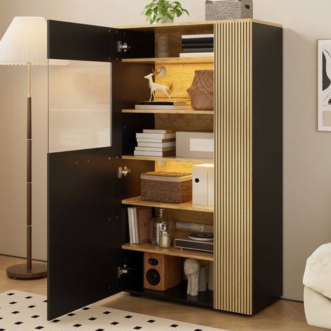 CHICFURN Vitrina de almacenaje 80 x 40 x 146 cm en aglomerado negro y madera con LED (1/5)
