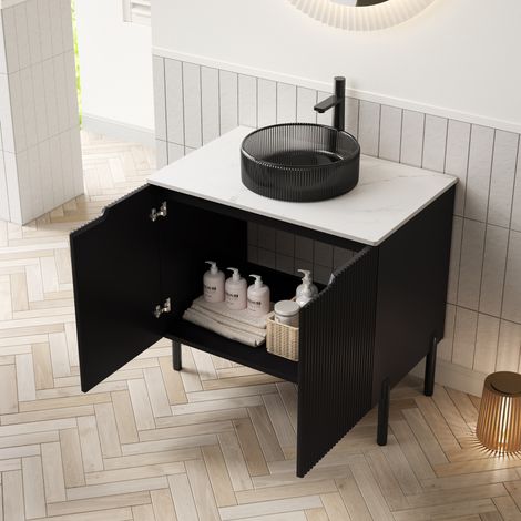 Meuble vasque suspendu 76 cm noir avec vasque ronde en verre, plateau en pierre frittée blanche (1/5)
