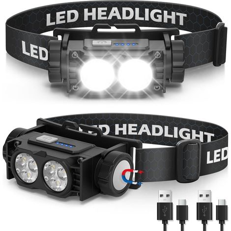Lampe Frontale 2 Pièces,Lampe Frontale LED Ultra Puissante 2000 Lumens,Torche Frontale 3 Modes IPX5 Étanche Rechargeable USB,Pour Pêche,Camping,Cyclisme,Running (Noir)