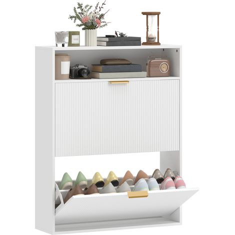 Meuble à chaussures étroit avec 2 compartiments rabattables et plateau, pour couloir et entrée, blanc (1/5)