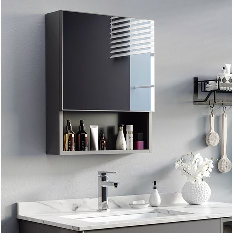 Armoire de salle de bain miroir 46x13.5x58 cm noire en acier inoxydable avec étagères intérieures et rangement mural (1/5)