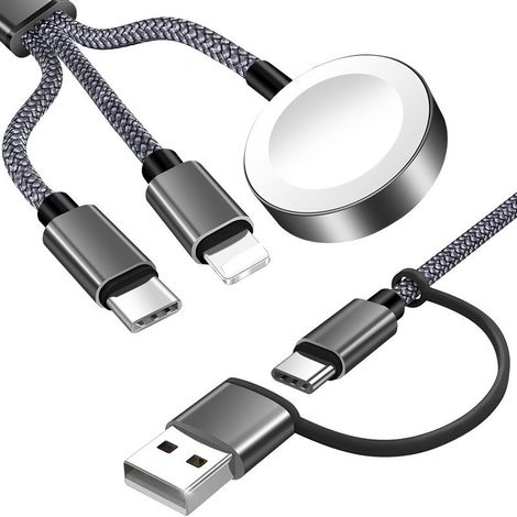Mehrfachladekabel, 1,2 m langes Mehrfachladekabel, einziehbares USB-Kabel, 3-in-1-Multiladegerät, Schnellladefunktion mit Lightning-/USB-C-/Micro-USB-Anschluss (1/5)