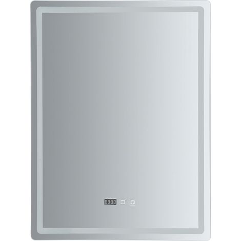 Miroir de salle de bain à LED argenté avec lumière, miroir de salle de bain avec temps de buée, à intensité variable, anti-buée, pour salle de bain, hôtel, appartement, 60 x 80 cm