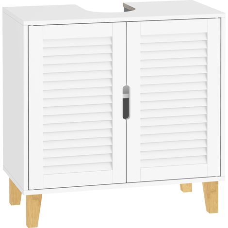 HOMCOM mueble bajo lavabo, 2 puertas de lamas, estante ajustable, patas de bambú, recorte en U, para lavabo sin pedestal, 60x30x60 cm, blanco (1/5)