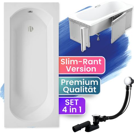 Badewanne Rechteck 150x75 mit Styroporverkleidung, Ablauf & Füße GRATIS - Komplettset 4in1 Original Acryl Wanne Siphon - BADLAND INTRICA SLIM (1/5)
