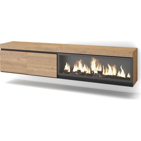 Mueble TV Lagos-01 de 208x45x35 cm con chimenea eléctrica y luces LED, suspendido, color roble y negro (1/4)