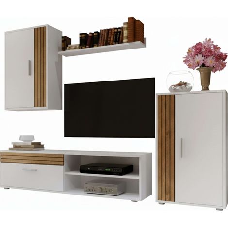 Meubles TV Kolm pour salon et salle à manger, disponibles en blanc/Sonoma, blanc/noir, lattes/blanc ou ciment/blanc, avec 3 portes et 2 étagères.