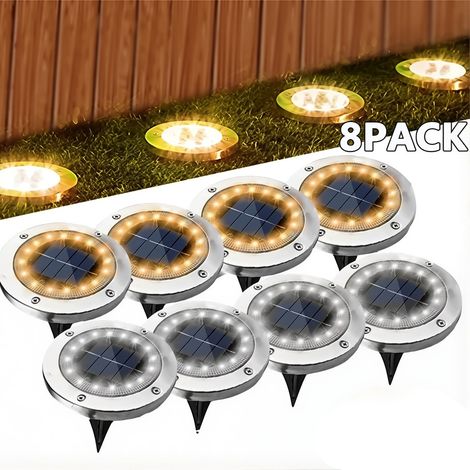 Lot de 8 lampes solaires d'extérieur à 20 LED, spot encastrable pour jardin, pelouse, cour, décoration, couleur chaude + blanc (1/5)