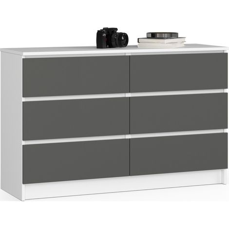Akord – Commode enfant blanche 120 cm – 6 tiroirs – Façade gris graphite – Panneau stratifié – Dimensions 120x40x77 cm