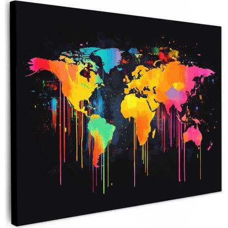TABLEAU SUR TOILE Carte du monde - Peinture - Coloré - Graffiti - Monde Décoration Murale 40x30 cm