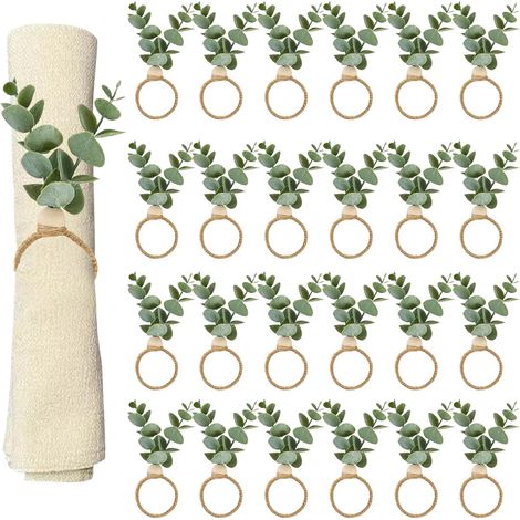 24 bagues de serviette avec feuilles d'eucalyptus artificielles, perles de bois et corde de jute pour décoration de table de Noël, ferme, maison, mariage et fête.