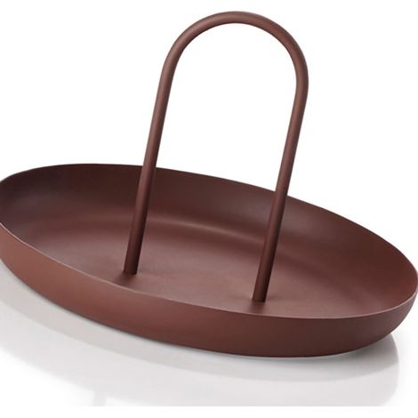 Plateau de service rond en métal, portable, à poser sur une table, style moderne et épuré, avec poignée, rouge. (1/5)