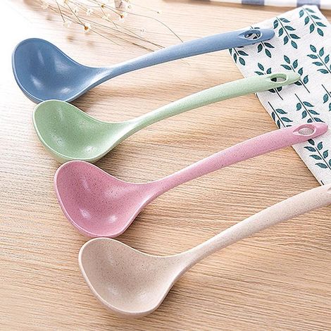 Lot de 4 cuillères à riz en paille de blé, 4 couleurs, à long manche, pour repas et dîner - Ustensiles de cuisine U3 (1/5)