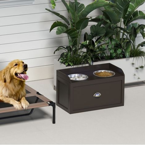 Stazione rialzata per cani con contenitore, 2 ciotole inox, marrone, 60 x 30 x 36 cm (1/5)