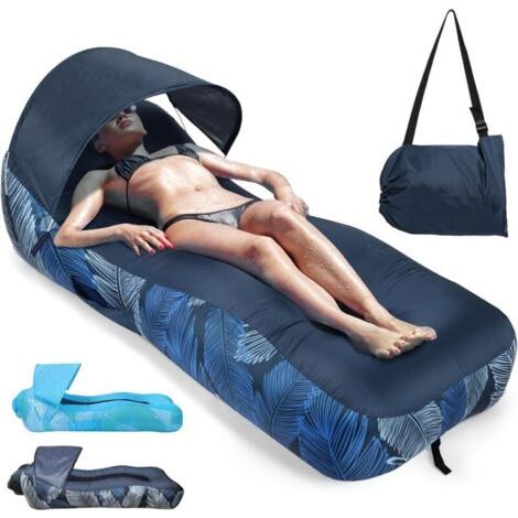 Hamac Gonflable avec Parasol, Portable Canapé Gonflable Air Sofa Eau et Terre, Imperméable Pouf Gonflable avec Sac, Pliable Sofa Gonflable pour Jardin Camping Plage, Plume Bleu Marine