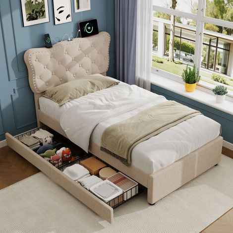 3ft Single Upholstered Bed with Rivet Design and Charging Station, Two Storage Drawers, Adjustable Button Tufted Headboard with USB & Type-C Ports, No Box Spring Needed, Linen, Beige (No Mattress) (1/4)