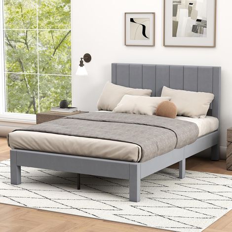 GOPLUS Lit 140 x 200 avec Sommier sans Matelas, Lit Capitonné avec Tete 140CM en Tissu Velours Doux, Lattes Bois, Charge 250KG(140X200CM,Gris) (1/4)