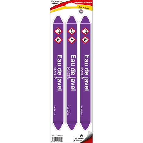 Planche de 3 marqueurs de tuyauterie 355 x 37 mm pour Ø 50 à 70 mm - Eau de javel - 4708690