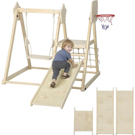Jeu d'escalade pliable 5 en 1 avec toboggan, 2 murs, balançoire et panier de basket, en bois, 140 x 172,5 x 116,5 cm (1/5)