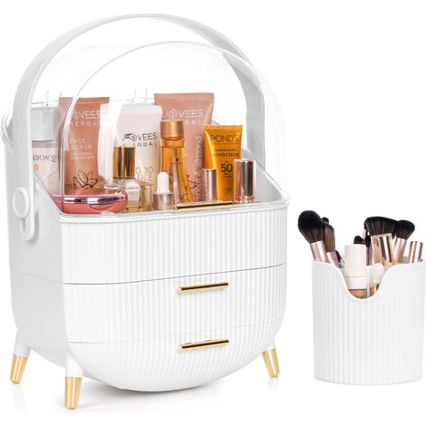 Organisateur Maquillage Blanc avec Pot à Pinceaux, Boite Maquillage avec 3 Tiroirs en Plastique, Rangement Coiffeuse à Transporter
