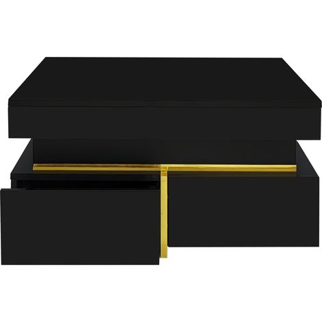 Tavolino da caffè nero lucido 70 x 70 x 35,5 cm con 2 cassetti e dettagli oro (1/5)