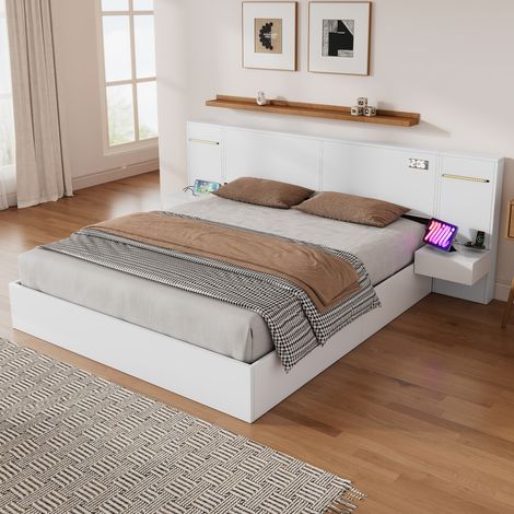 Lit double 180x200 cm en bois massif, réveil LED avec haut-parleur Bluetooth, port de charge USB, liseuse lumineuse multicolore, sommier intégré, 2 tables de nuit sans tiroirs, matelas non fourni, fin (1/5)