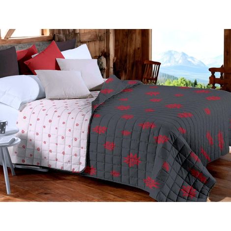 Couvre-lit matelassé « Edelweiss » gris - Microfibre douce à motif rouge, rembourrage léger, fabriqué en Italie Cm. 260x260