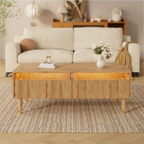 Table basse, table d'appoint avec bande lumineuse LED à couleurs changeantes, deux tiroirs et pieds en bois massif. Design moderne,Naturel (1/5)