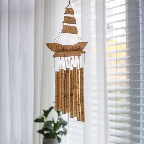 Carillon à vent en bambou pour extérieur, carillon commémoratif fait main au son grave et puissant, idéal pour la décoration de patio, jardin et maison. (1/5)