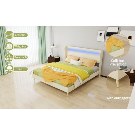 Lit tapissé 160/200 cm beige en tissu et métal à tête de lit réglable avec éclairage à diodes (1/5)