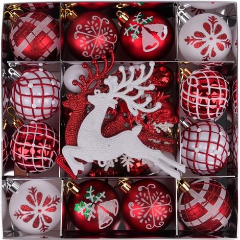 Weihnachtsdekorationen, Vintage-Weihnachtskugeln, klassische hängende Weihnachtsdekorationen, 45-teiliges Set (rot und weiß) (1/5)