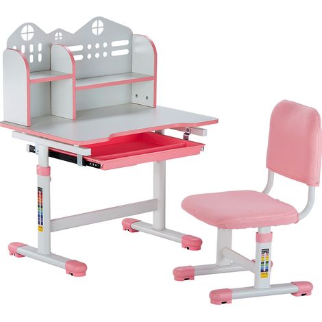 VEVOR Set Scrivania e Sedia per Bambini, Capacita di Carico di 100 kg Tavolo da Lavoro e Sedia per Bambini con Libreria e Cassetto, Regolabile in Altezza, per Camera da Letto e Studio, Rosa