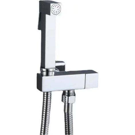 Ensemble complet de douchette de toilette en laiton, argent, vanne d'angle en cuivre + pistolet en zinc + tuyau de douche 1,5 m