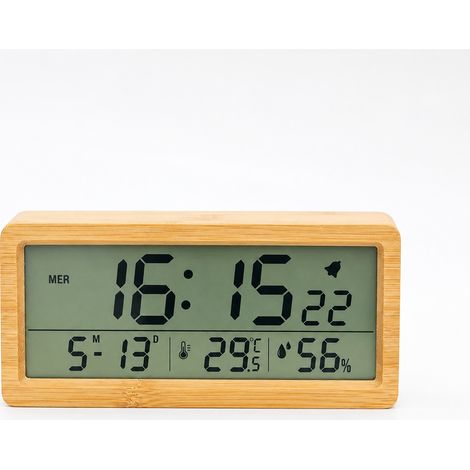 Réveil numérique avec boîtier en bambou, grand écran LCD, température, humidité et calendrier réf 9140 1 kg – Livraison gratuite
