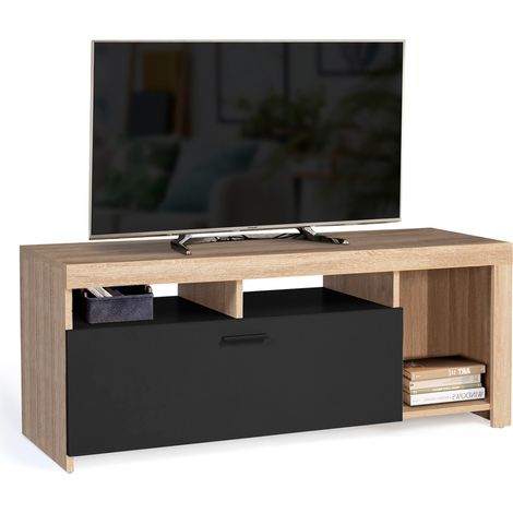 Idmarket – Meuble TV 110 cm – Placard noir en panneaux de particules – 3 niches ouvertes pour équipements multimédias – Montage facile