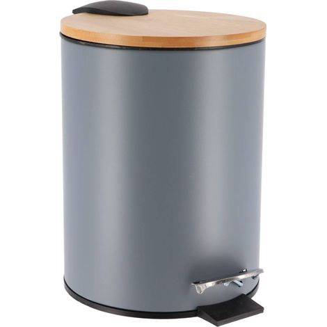 Poubelle à pédale 3L en métal Gris avec couvercle en Bambou - TENDANCE (1/5)