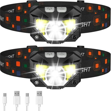 (2 pièces) Lampe frontale LED rechargeable 1200 lumens, lumière rouge, étanche, détecteur de mouvement, lampe frontale pour la pêche (1/5)