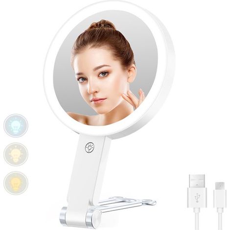 Miroir double face Long-Zimming avec lumière intégrée - Miroir cosmétique LED - Grossissement x1 et x10 - Design compact et idéal pour les voyages - Parfait pour un maquillage de précision - 1 pièce (1/5)