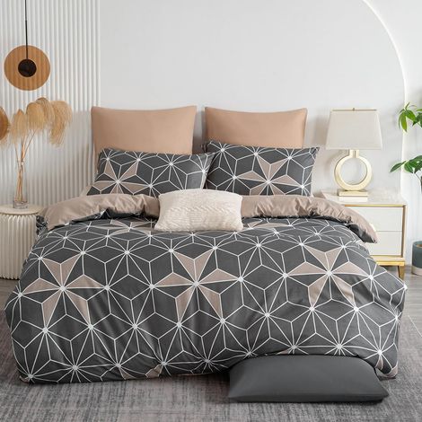 Parure de lit 135 x 200 cm - Gris - Motif géométrique - En microfibre - Housse de couette 135 x 200 cm - Avec taie d'oreiller - Infroissable - Moderne - Avec fermeture éclair (1/5)