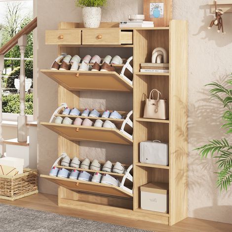 Scarpiera in rattan con 3 ante a ribalta, 2 cassetti, 90 x 24 x 130 cm naturale DESVIAE (1/5)