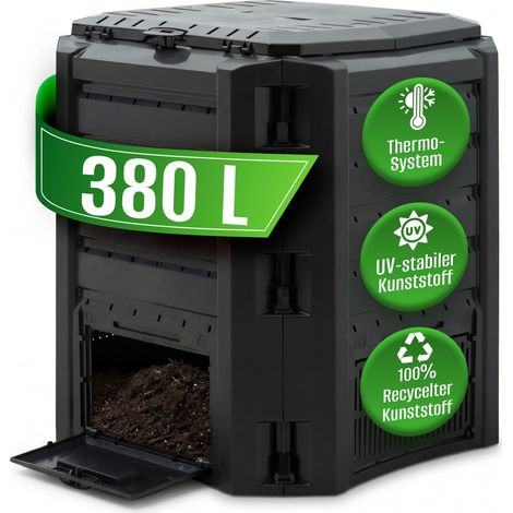 DEUBA® Composteur de jardin plastique noir transformateur de déchets couvercle et trappe d’extraction bac à compost 380 litres